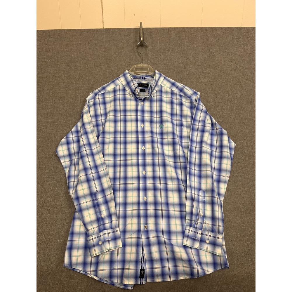 Ariat Pro Series Mens Blue Plaid Long Sleeve Button Down Shirt Large 0234